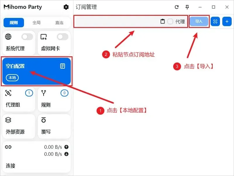 Windows 版 Mihomo Party 的订阅管理页，三个标注依次指向左栏空白配置卡片、顶部订阅地址输入框和导入按钮，代理复选框未勾选